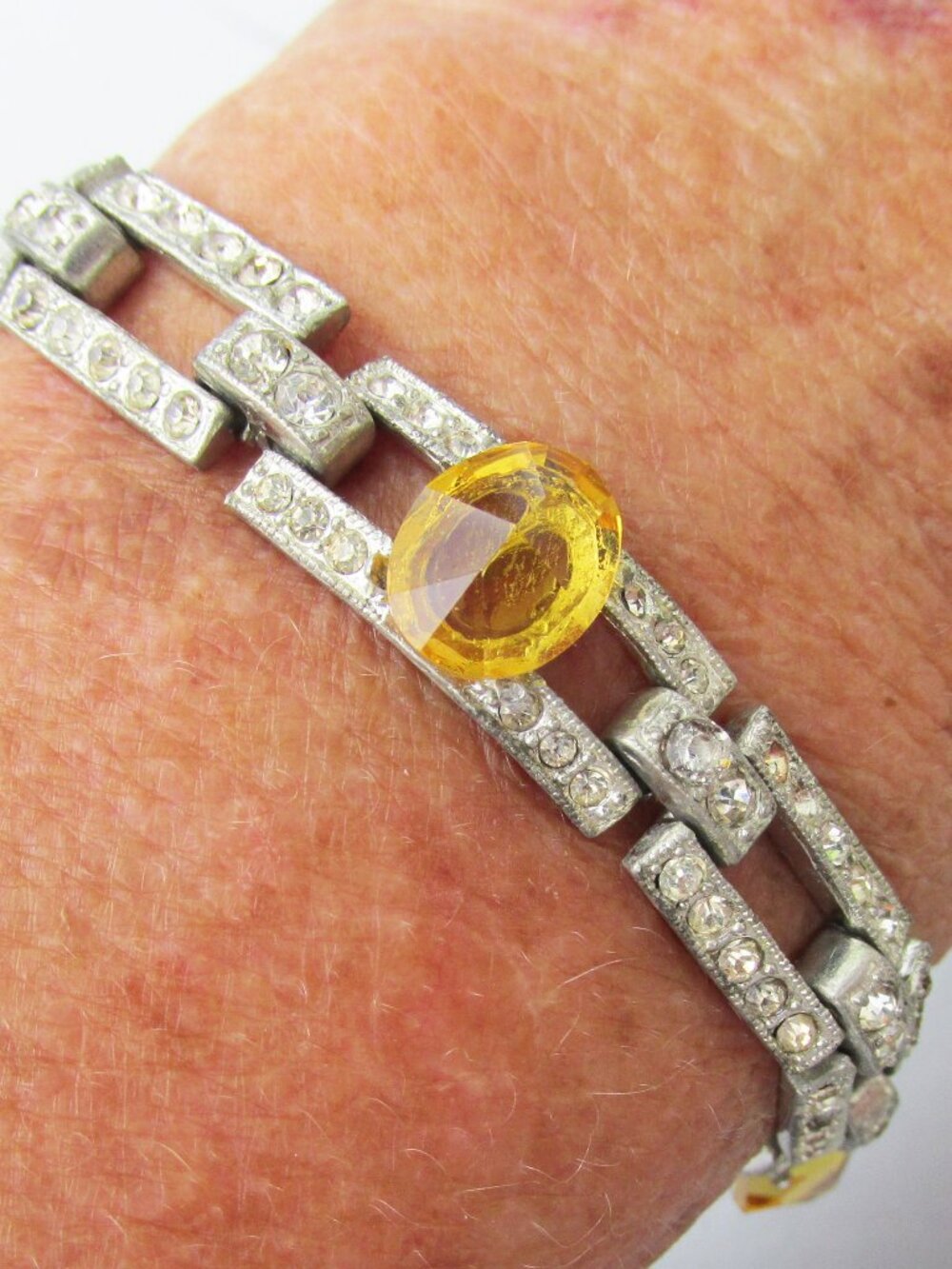 Vintage Art Deco 1930s Rhinestone & Faux Citrine Silver-Tone Link Bracelet